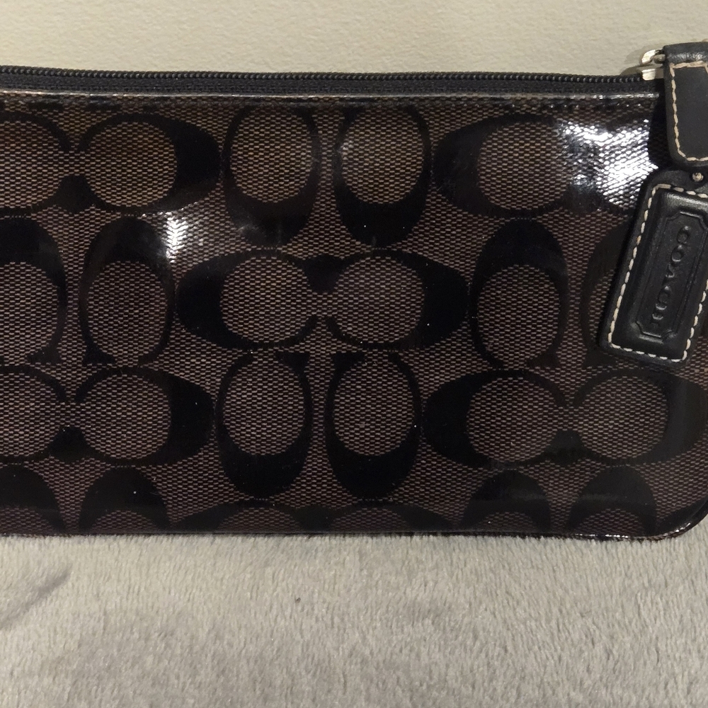 Coach Black and Gray Signature Patent Wallet Clutch